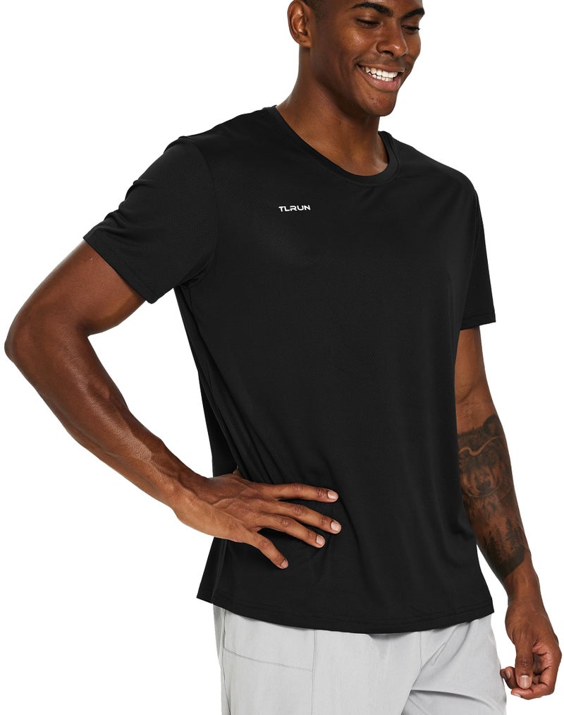 TLRUN Men's Ultra Lightweight Running Shirts, Dry Fit Marathon Top Tee, Cool Short Sleeve Athletic T-Shirts(Medium, Black)