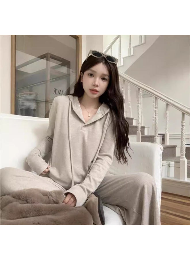 Salt-style Lazy Wear Hooded Long-sleeve T-shirt Wide-leg Casual Pants Women's Autumn New Fashion Set - Image 2