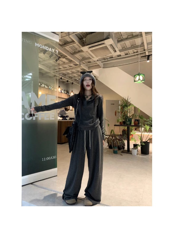 Salt-style Lazy Wear Hooded Long-sleeve T-shirt Wide-leg Casual Pants Women's Autumn New Fashion Set - Image 1