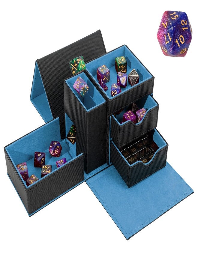 Stepane Dice Tray & Dice Tower Storage Box, 3 in 1 Dice Holder Case (Dice Rolling Tray, Dice Rolling Tower, Dice Storage Drawers), Leather Magnetic Closure DND Accessories Gifts for RPG MTG, Black/Blue - Image 1