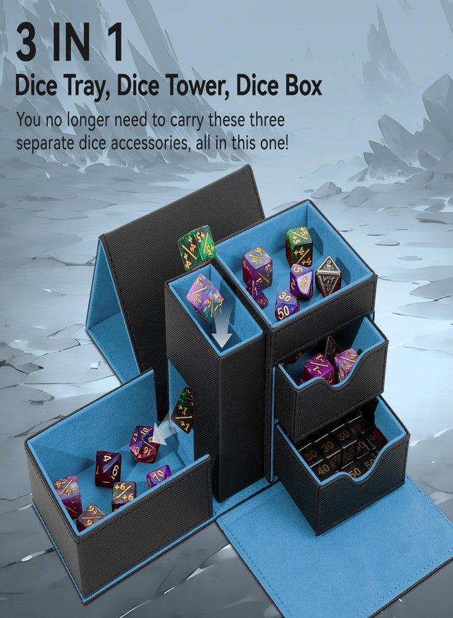Stepane Dice Tray & Dice Tower Storage Box, 3 in 1 Dice Holder Case (Dice Rolling Tray, Dice Rolling Tower, Dice Storage Drawers), Leather Magnetic Closure DND Accessories Gifts for RPG MTG, Black/Blue - Image 2