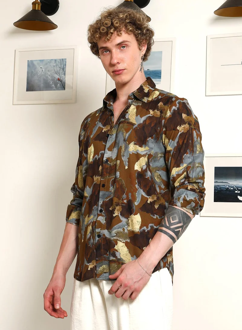 Campus Sutra Men's Camouflage Print Full Sleeve Rayon Shirt