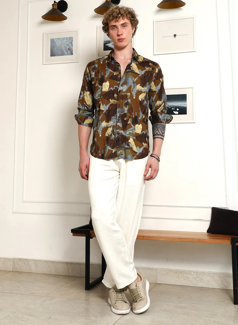 Campus Sutra Men's Camouflage Print Full Sleeve Rayon Shirt