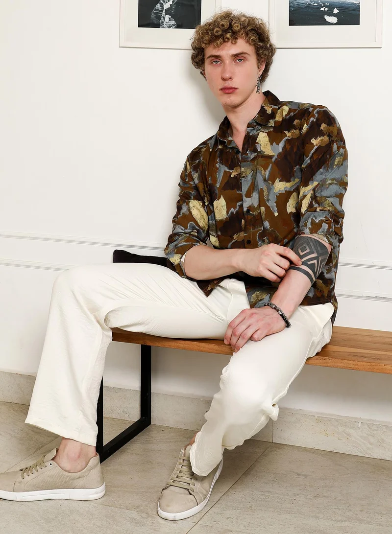 Campus Sutra Men's Camouflage Print Full Sleeve Rayon Shirt