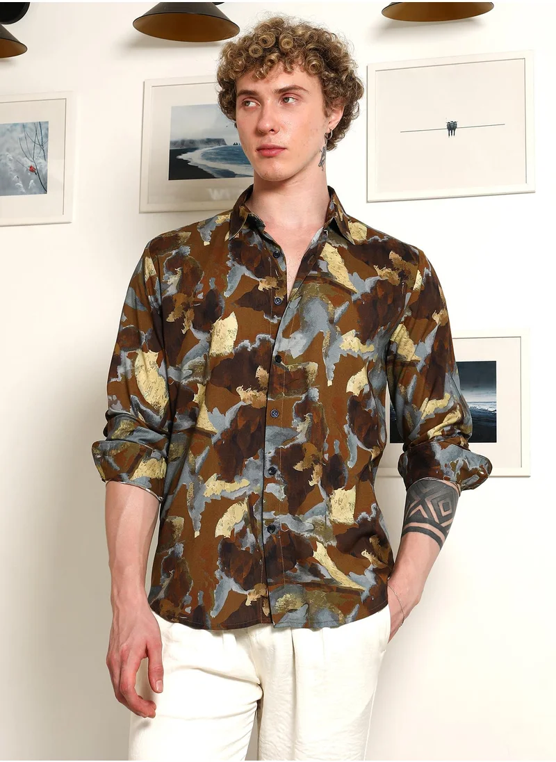 Campus Sutra Men's Camouflage Print Full Sleeve Rayon Shirt