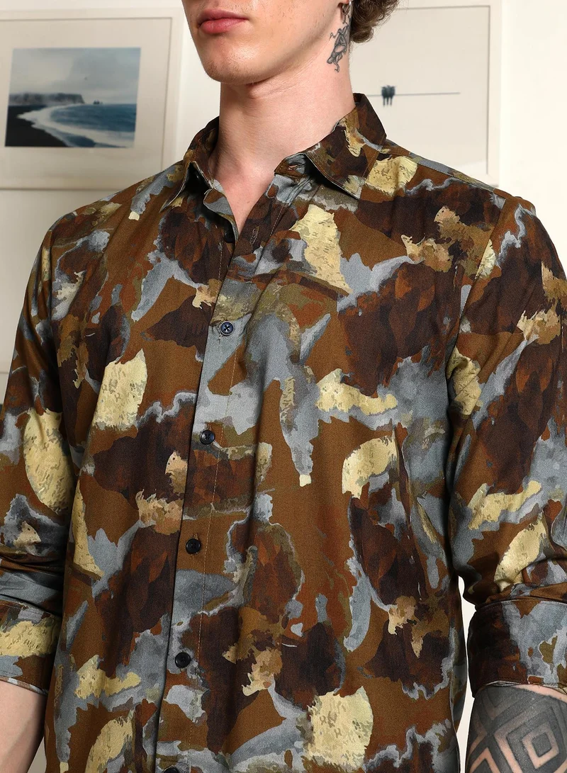 Campus Sutra Men's Camouflage Print Full Sleeve Rayon Shirt