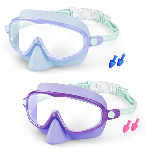 Vvinca 2 Pack Kids Swim Goggles with Nose Cover, Wide View Anti-Fog UV Protection Swimming Mask for Boys Girls Ages 3-14, No Leak Pool Goggles for Toddlers - Image 1