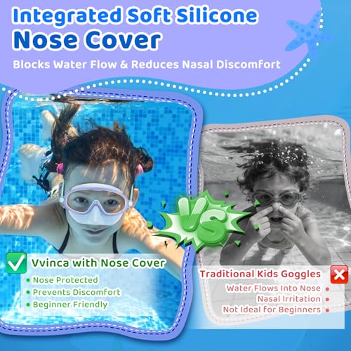 Vvinca 2 Pack Kids Swim Goggles with Nose Cover, Wide View Anti-Fog UV Protection Swimming Mask for Boys Girls Ages 3-14, No Leak Pool Goggles for Toddlers - Image 3