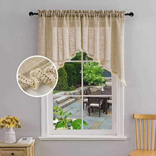 BD BEDA HOME Beda Home Tassel Linen Textured Swag Curtain Valance for Farmhouses’ Kitchen; Light Filtering Rustic Short Swag Topper for Small Windows Bedroom Privacy Added Rod Pocket Design (Taupe 36x36-2PCs) - Image 1