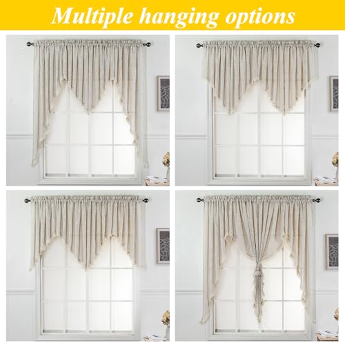 BD BEDA HOME Beda Home Tassel Linen Textured Swag Curtain Valance for Farmhouses’ Kitchen; Light Filtering Rustic Short Swag Topper for Small Windows Bedroom Privacy Added Rod Pocket Design (Taupe 36x36-2PCs) - Image 5