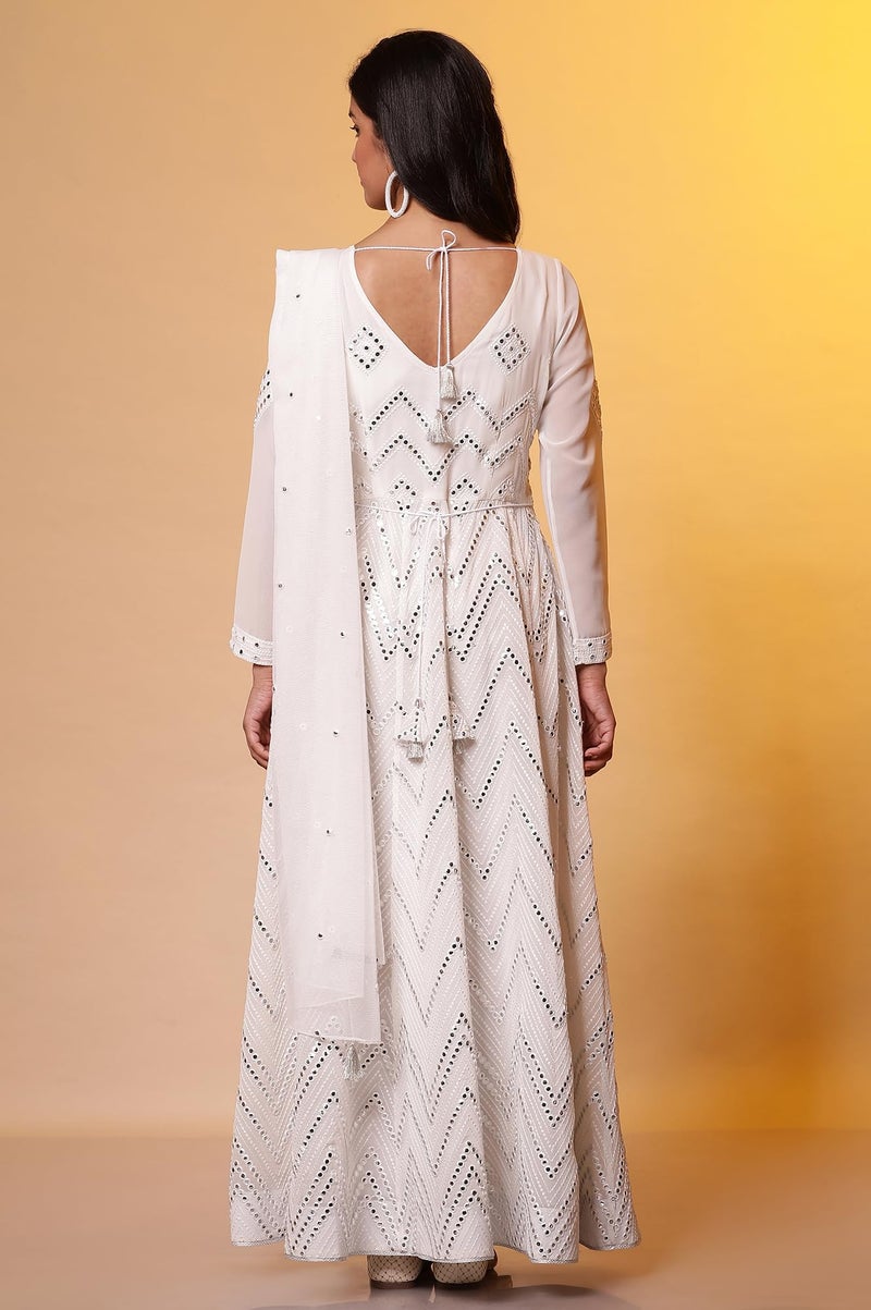 Aurelia Off-White Mirror Embroidered Anarkali Dress and Dupatta Set (Size: S)-24FED10610-E606780 - Image 4
