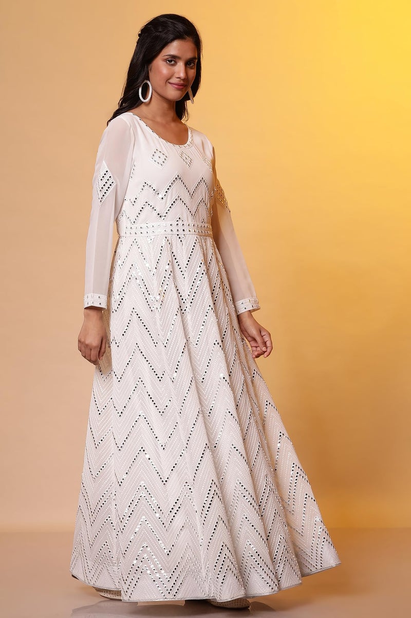 Aurelia Off-White Mirror Embroidered Anarkali Dress and Dupatta Set (Size: S)-24FED10610-E606780 - Image 5