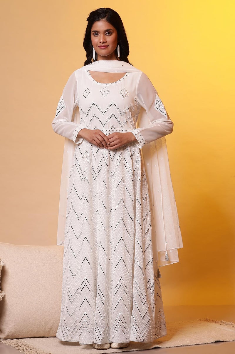 Aurelia Off-White Mirror Embroidered Anarkali Dress and Dupatta Set (Size: S)-24FED10610-E606780 - Image 2