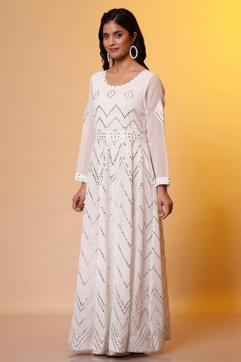 Aurelia Off-White Mirror Embroidered Anarkali Dress and Dupatta Set (Size: S)-24FED10610-E606780 - Image 3