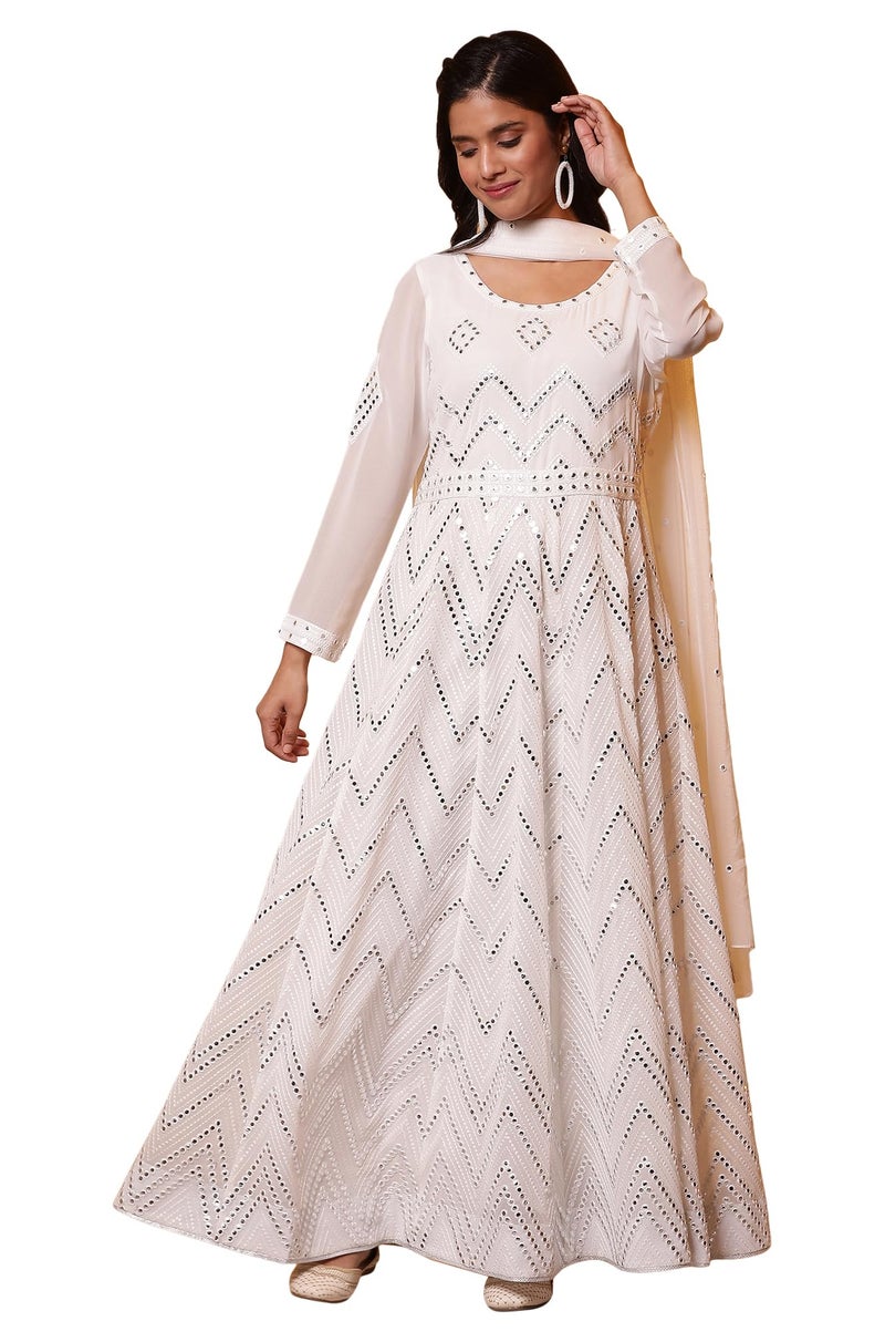 Aurelia Off-White Mirror Embroidered Anarkali Dress and Dupatta Set (Size: S)-24FED10610-E606780 - Image 1