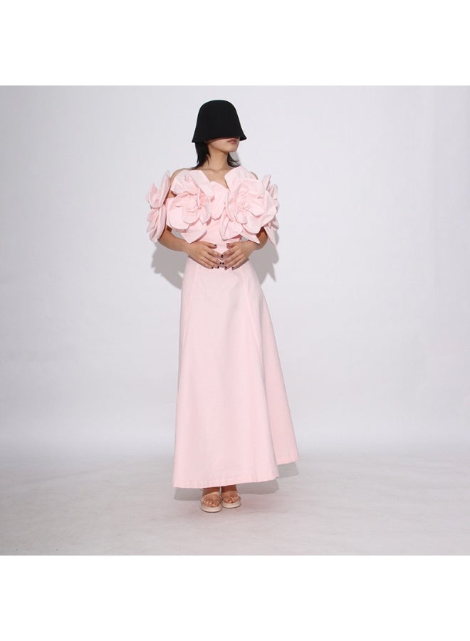 New beach-style off-the-shoulder long dress - Women's three-dimensional floral decorated fitted dress with waistline design - Image 3