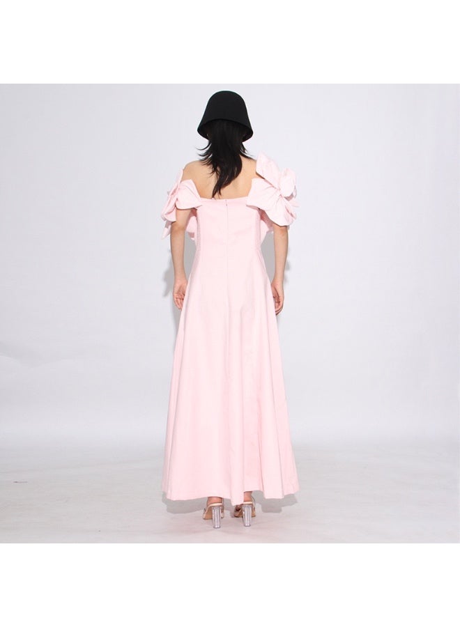 New beach-style off-the-shoulder long dress - Women's three-dimensional floral decorated fitted dress with waistline design - Image 4