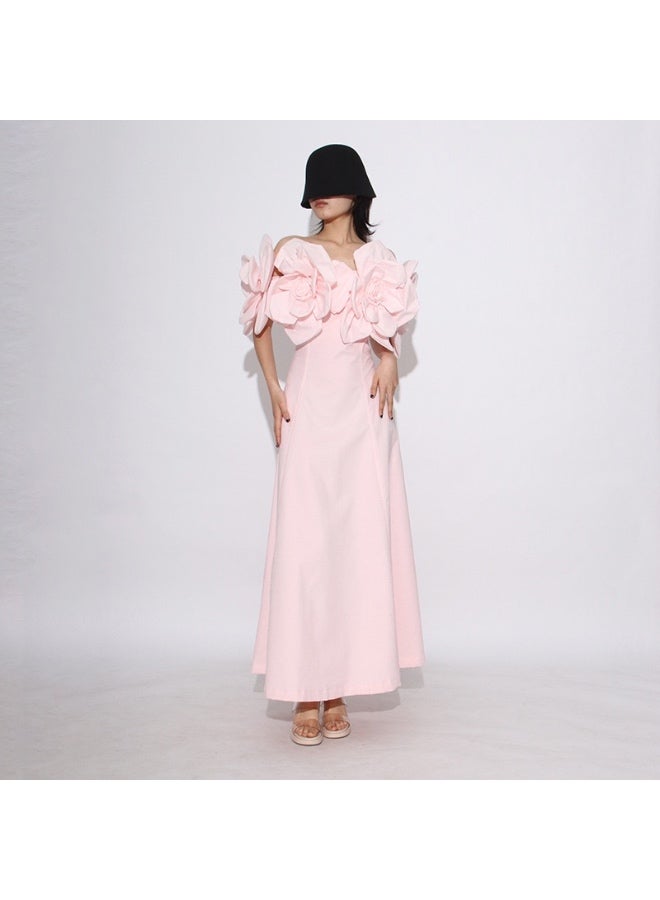 New beach-style off-the-shoulder long dress - Women's three-dimensional floral decorated fitted dress with waistline design - Image 1