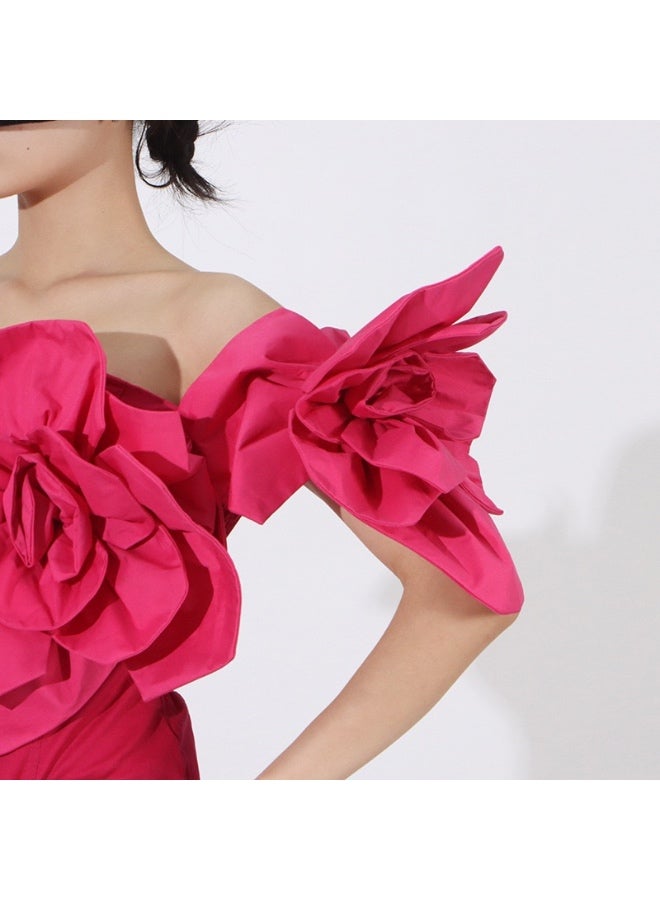 New beach-style off-the-shoulder long dress - Women's three-dimensional floral decorated fitted dress with waistline design - Image 5