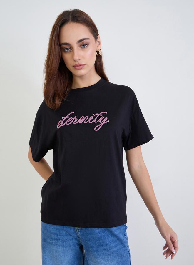 Styli Women Black Infinity Rope Embroidered Short Sleeve T-Shirt - Image 3