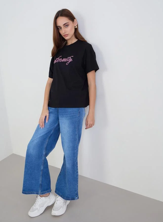Styli Styli Women Black Infinity Rope Embroidered Short Sleeve T-Shirt