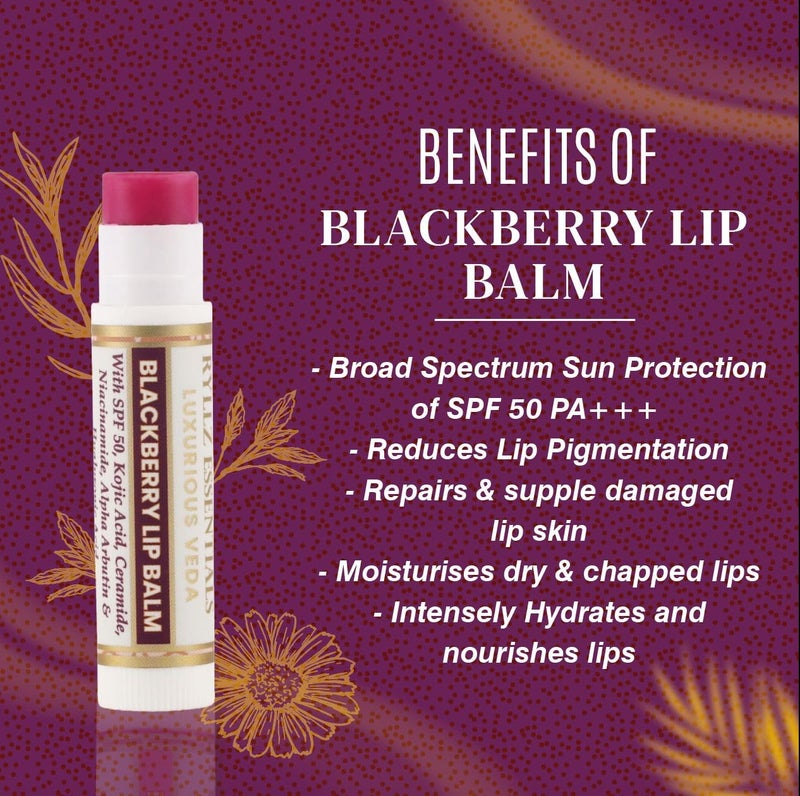 RYLLZ ESSENTIALS Blackberry Lip Balm | SPF 50 PA+++ | With Shea Butter, Kojic Acid, Ceramide, Niacinamide, Alpha Arbutin & Hyaluronic Acid | Purple Tint | For Lip Lightening & Moisturized Lips | 5 Gm - Image 5