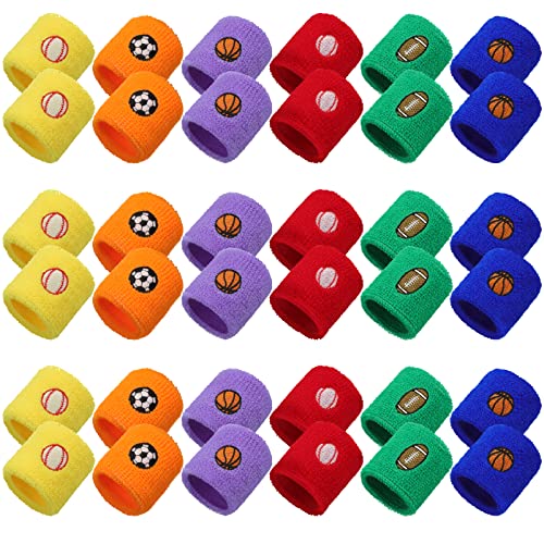 Cindeer 36 Pieces Sports Party Favors Sports Wristbands Kids Sports Themed Birthday Party Supplies Wrist Sweat Bands Colored Wristbands in 6 Colors and 4 Designs for Kids Sport Party Birthday Party Supplies - Image 1
