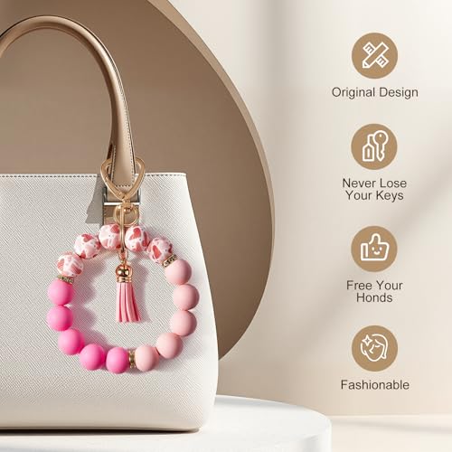 Weixiltc Silicone Bead Keychain Wristlet for Women, Charm Bracelet Key Chains, Car Key Rings Holder for Girls (Heart Pink) - Image 3