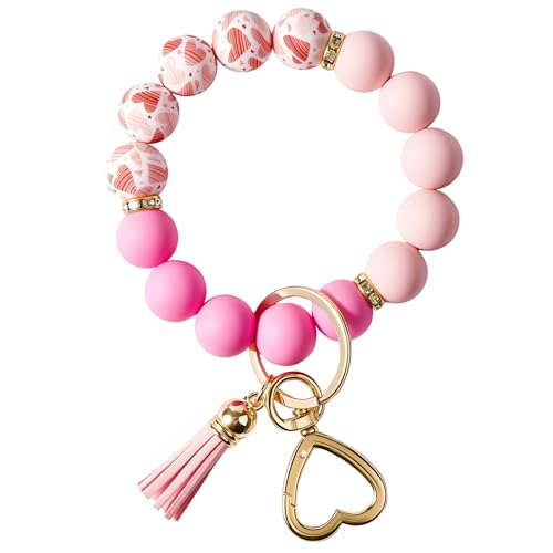 Weixiltc Silicone Bead Keychain Wristlet for Women, Charm Bracelet Key Chains, Car Key Rings Holder for Girls (Heart Pink) - Image 1