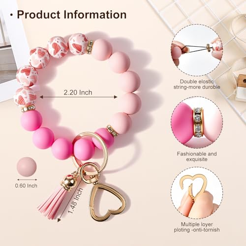 Weixiltc Silicone Bead Keychain Wristlet for Women, Charm Bracelet Key Chains, Car Key Rings Holder for Girls (Heart Pink) - Image 2
