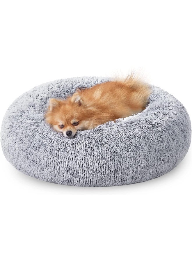 Feandrea dog bed fluffy, cat bed, donut cushion, washable, removable middle padding, long plush, 60 cm diameter, ombré grey - Image 1
