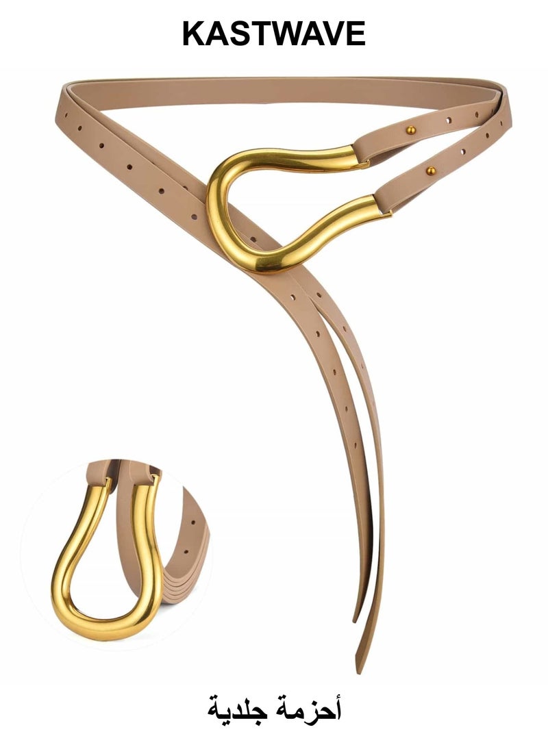 KASTWAVE Skinny Leather Belts, Womens Belts with Double-layer Faux Leather, Large Gold U-Shape Metal Buckle, U-Shaped Thin Waist Belt for Women - Image 1