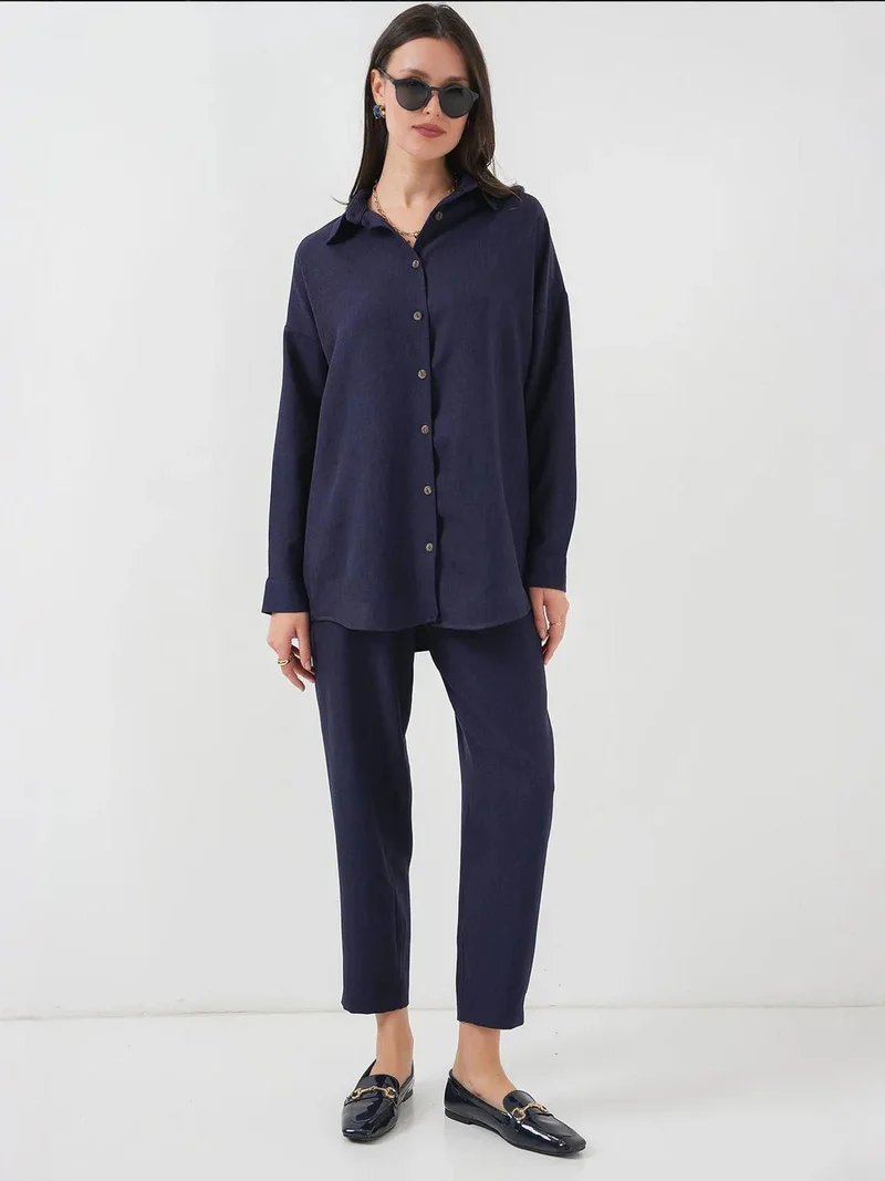 بيغ دارت طقم بيجامة من الكتان بأكمام طويلة وبنطلون