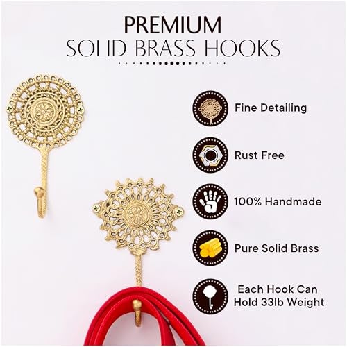 Indian-Shelf IndianShelf Handmade Boho Brass Decorative Wall Hook Set of 3, Vintage Unique Gold Hooks for Keys, Towels, Bags, Coats, Shabby Chic Coat Rack for Home Décor Entryway Bedroom Living Room - Image 2