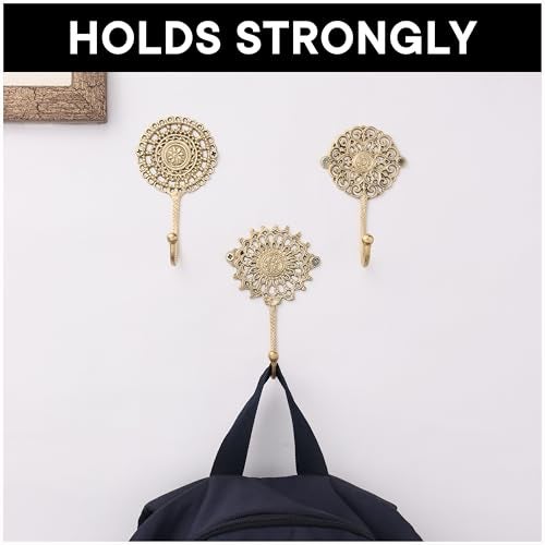 Indian-Shelf IndianShelf Handmade Boho Brass Decorative Wall Hook Set of 3, Vintage Unique Gold Hooks for Keys, Towels, Bags, Coats, Shabby Chic Coat Rack for Home Décor Entryway Bedroom Living Room - Image 5