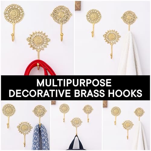 Indian-Shelf IndianShelf Handmade Boho Brass Decorative Wall Hook Set of 3, Vintage Unique Gold Hooks for Keys, Towels, Bags, Coats, Shabby Chic Coat Rack for Home Décor Entryway Bedroom Living Room - Image 3