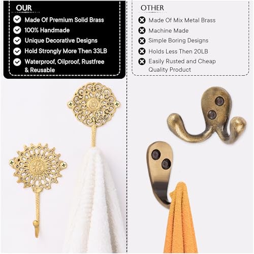 Indian-Shelf IndianShelf Handmade Boho Brass Decorative Wall Hook Set of 3, Vintage Unique Gold Hooks for Keys, Towels, Bags, Coats, Shabby Chic Coat Rack for Home Décor Entryway Bedroom Living Room - Image 4