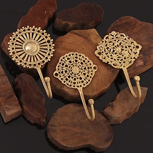 Indian-Shelf IndianShelf Handmade Boho Brass Decorative Wall Hook Set of 3, Vintage Unique Gold Hooks for Keys, Towels, Bags, Coats, Shabby Chic Coat Rack for Home Décor Entryway Bedroom Living Room - Image 1
