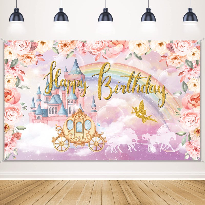 Tatuo Happy Birthday Banner Pink Princess Birthday Decorations for Women Girls Princess Theme Backdrop Party Decorations Gold Pink Castle Crown Floral Photography - Image 1