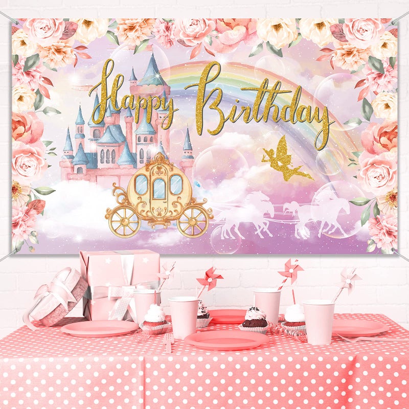 Tatuo Happy Birthday Banner Pink Princess Birthday Decorations for Women Girls Princess Theme Backdrop Party Decorations Gold Pink Castle Crown Floral Photography - Image 4