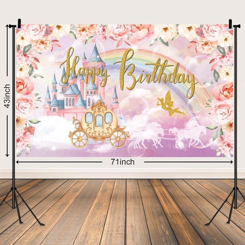 Tatuo Happy Birthday Banner Pink Princess Birthday Decorations for Women Girls Princess Theme Backdrop Party Decorations Gold Pink Castle Crown Floral Photography - Image 2