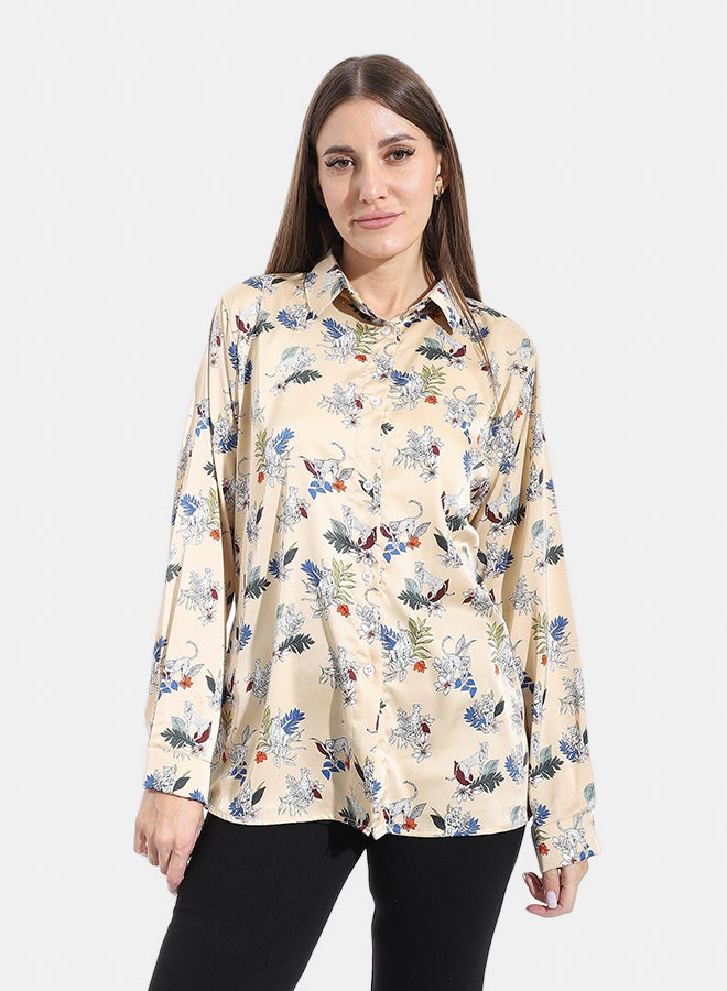 Andora Self patterned Turned Down Collar Blouse _ Beige - Image 1