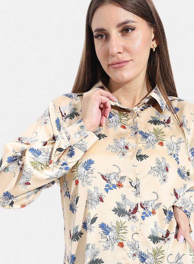 Andora Self patterned Turned Down Collar Blouse _ Beige - Image 3
