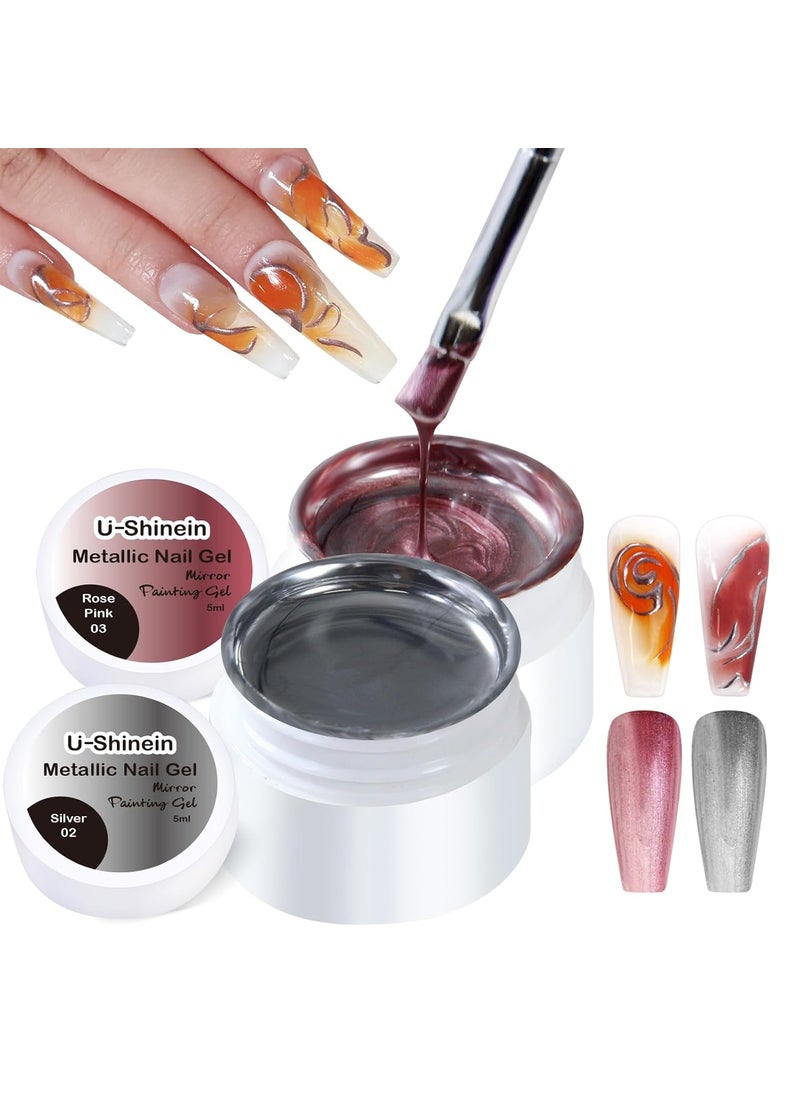 U-Shinein 2 Colors Metallic Painting Gel, Golden Rose Gold Painted Gel Nail Gel Polish, 3D Metal Painting Gel Nail Polish Soak Off UV/LED DIY Nail Art Manicure 