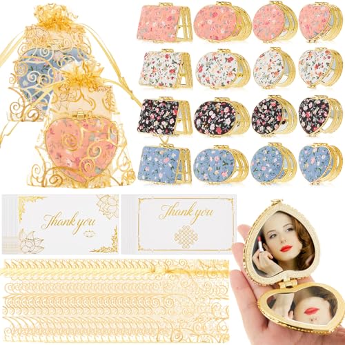 Jetec 32 Sets Compact Mirror Gift for Women Return Gifts for Pooja Floral Gold Edge Folding Pocket Makeup Mirror with Gold Organza Bags Thank You Cards - Image 1