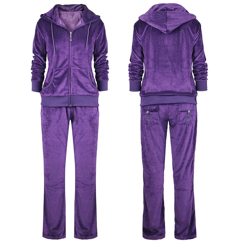 Facitisu Womens Casual 2 Piece Solid Velvet Tracksuit Full Zip-up Hooded Velvet Sweatshirts & Pants Set Small Purple - Image 3