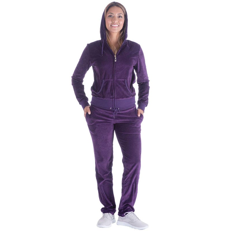 Facitisu Womens Casual 2 Piece Solid Velvet Tracksuit Full Zip-up Hooded Velvet Sweatshirts & Pants Set Small Purple - Image 5