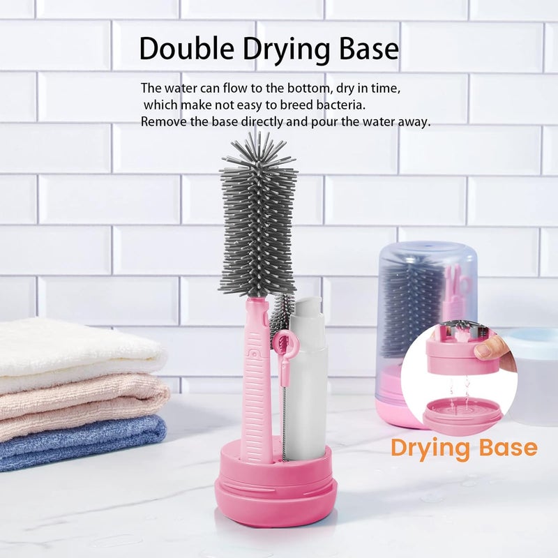 Augensterm 6-in-1 Travel Bottle Cleaner Kit - Silicone Baby Bottle Brush Set with Drying Rack, Straw Brush, Soap Dispenser, and More in Light Pink - Image 4