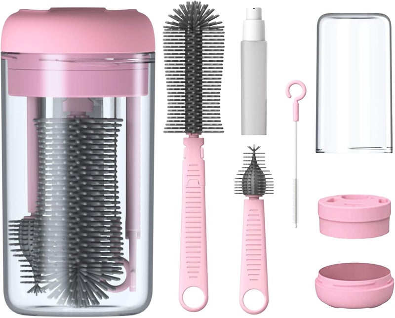 Augensterm 6-in-1 Travel Bottle Cleaner Kit - Silicone Baby Bottle Brush Set with Drying Rack, Straw Brush, Soap Dispenser, and More in Light Pink - Image 1