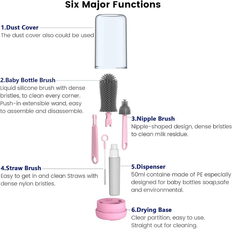 Augensterm 6-in-1 Travel Bottle Cleaner Kit - Silicone Baby Bottle Brush Set with Drying Rack, Straw Brush, Soap Dispenser, and More in Light Pink - Image 2